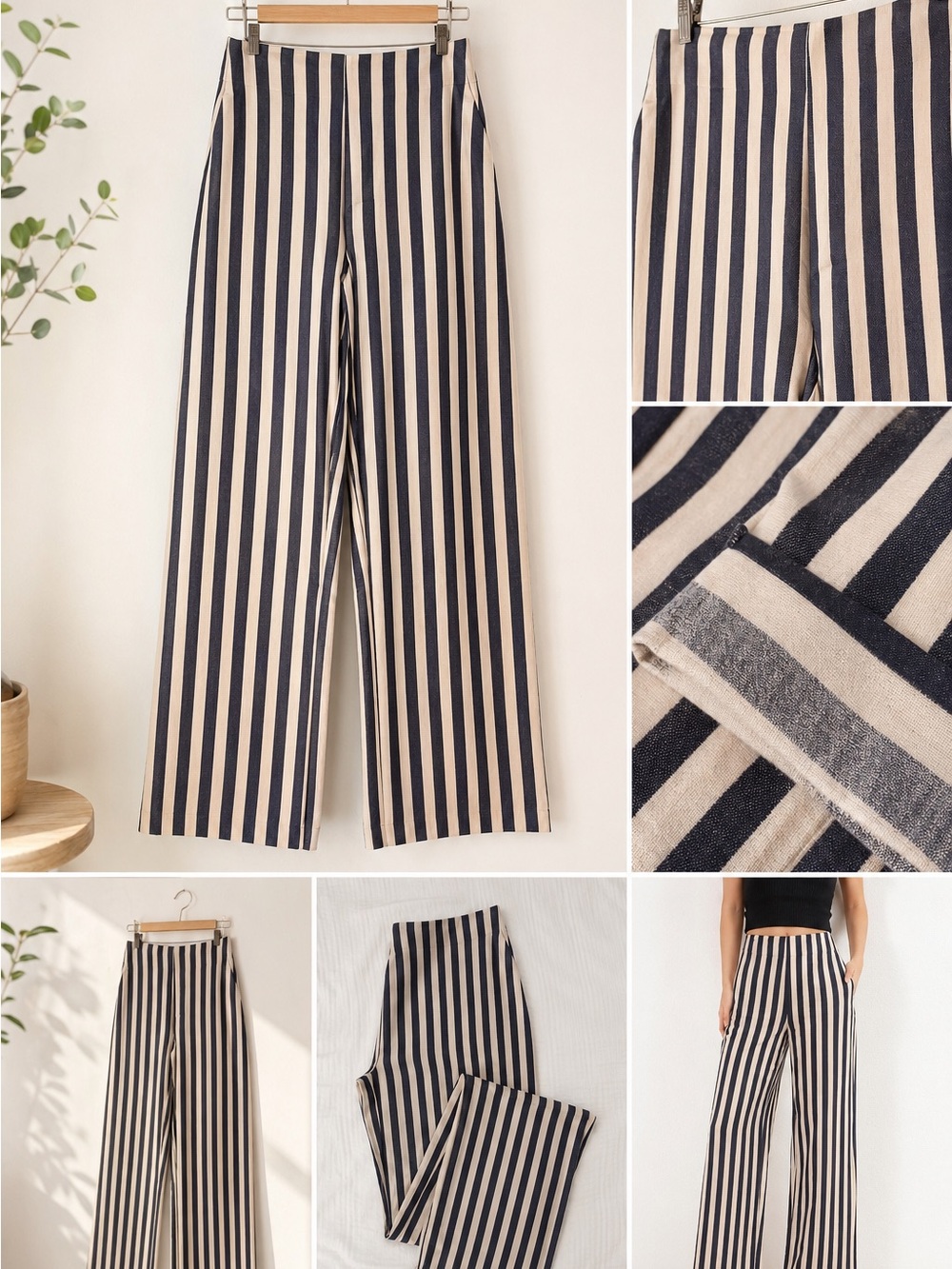 Massimo Dutti Black and Cream Vertical Stripe Wide-Leg Pants